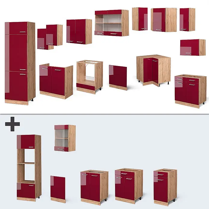 Vicco Eckküche R-Line Rot Hochglanz/Goldkraft Eiche, AP Eiche - B x T: 287 x 60 cm, Rot Hochglanz, Ohne Elektrogeräte - Modulare Küchenschränke mit glänzend tiefroten Türen und hellen Holzdekorrahmen, inklusive Ober-, Unter- und Hochschränken.