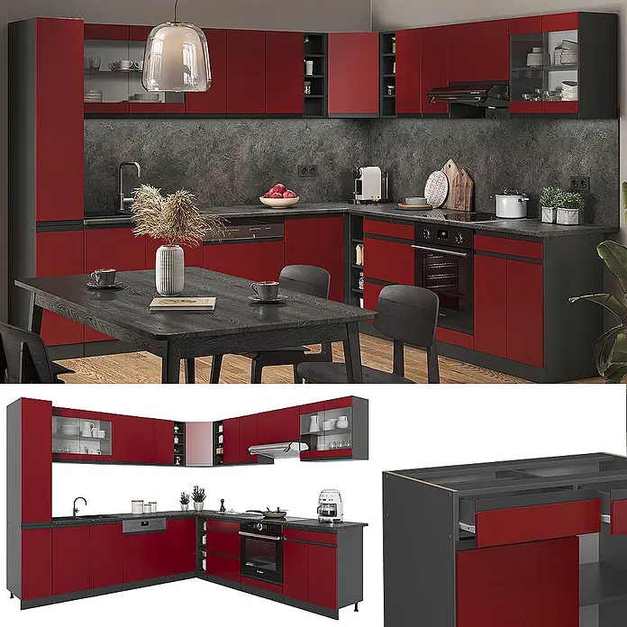 Vicco Eckküche R-Line Rot/Anthrazit J-Shape, AP Eiche - B x T: 277 x 60 cm, Rot, Ohne Elektrogeräte - Moderne L-förmige Küche mit roten Schrankfronten und dunkelgrauen Rahmen/Arbeitsplatten, inkl. integrierter Geräte und Stauraum.