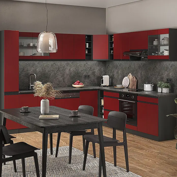 Vicco Eckküche R-Line Rot/Anthrazit J-Shape, AP Eiche - B x T: 277 x 60 cm, Rot, Ohne Elektrogeräte - Moderne L-förmige Küche in Rot und Dunkelgrau, mit integrierten Geräten und einem Essbereich.