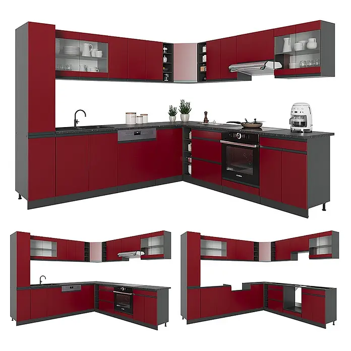 Vicco Eckküche R-Line Rot/Anthrazit J-Shape, AP Eiche - B x T: 277 x 60 cm, Rot, Ohne Elektrogeräte - Moderne L-förmige Küche in Rot und Grau mit integrierten Geräten und verschiedenen Lagereinheiten.
