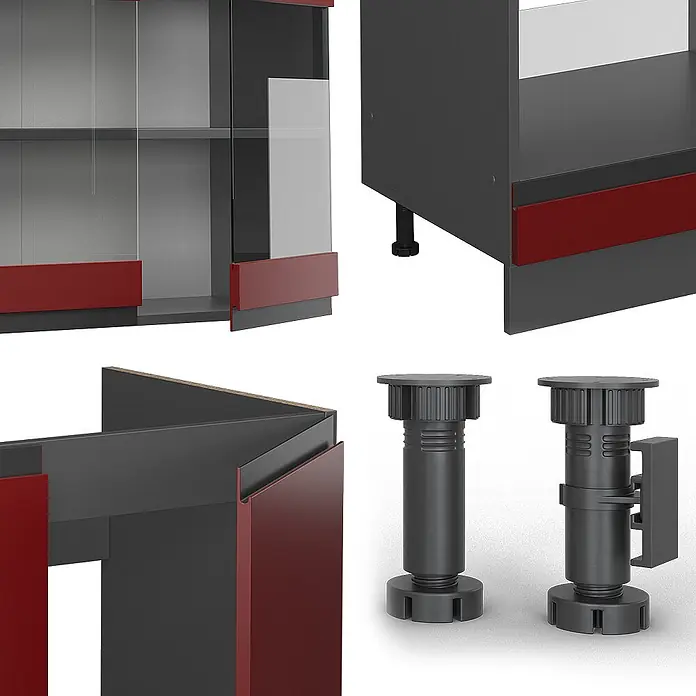 Vicco Eckküche R-Line Rot/Anthrazit J-Shape, AP Eiche - B x T: 277 x 60 cm, Rot, Ohne Elektrogeräte - Dunkelgraue Möbelteile mit roten Akzenten, inklusive Paneelen, Glastürabschnitten und verstellbaren Stützfüßen.