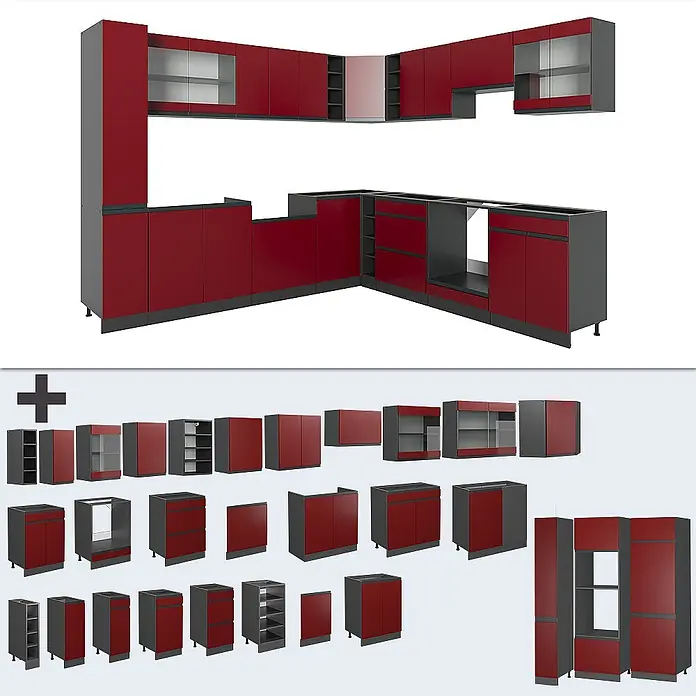 Vicco Eckküche R-Line Rot/Anthrazit J-Shape, AP Eiche - B x T: 277 x 60 cm, Rot, Ohne Elektrogeräte - Modulares Küchenschranksystem mit roten Fronten und dunkelgrauen Rahmen, als L-förmige Küche und Einzelkomponenten dargestellt.