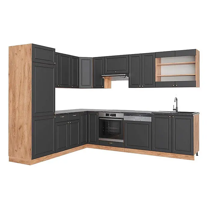 Vicco Eckküche Fame-Line Anthrazit Landhaus/Goldkraft Eiche, AP Anthrazit - B x T: 227 x 60 cm, Anthrazit Landhaus, Ohne Elektrogeräte - L-förmige Küche mit dunkelgrauen Schränken, hellen Holzakzenten, integriertem Backofen, Geschirrspüler, Dunstabzugshaube und Spüle.