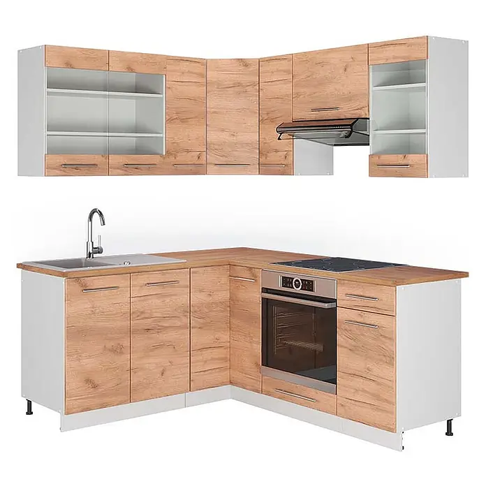 Vicco Eckküche Fame-Line Goldkraft Eiche/Weiß, AP Eiche - B x T: 190 x 60 cm, Goldkraft Eiche, Ohne Elektrogeräte - Eckküche mit hellen Holzfronten, weißen Schränken, integrierter Spüle, Kochfeld, Backofen und Dunstabzugshaube.