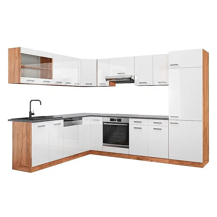 Vicco Eckküche R-Line Weiß Hochglanz/Goldkraft Eiche, AP Anthrazit - B x T: 287 x 60 cm, Weiß Hochglanz, Ohne Elektrogeräte - L-förmige Küche mit hochglänzenden weißen Schränken, Holzoptik-Akzenten, dunkler Arbeitsplatte, Spüle, Ofen und Dunstabzugshaube.