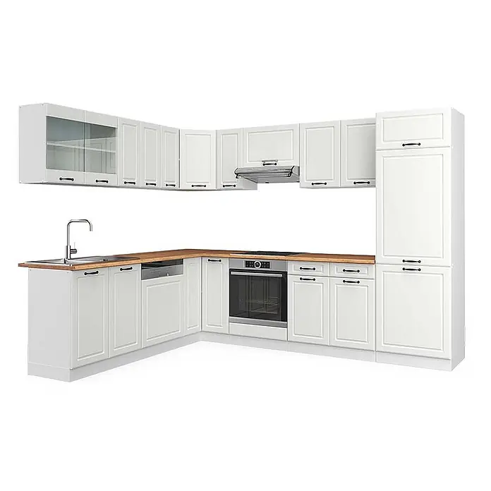Vicco Eckküche R-Line Weiß Landhaus/Weiß, AP Eiche - B x T: 287 x 60 cm, Weiß Landhaus, Ohne Elektrogeräte - Weiße L-förmige Küche mit Holz-Arbeitsplatte und integrierten Geräten wie Spüle, Backofen und Geschirrspüler.