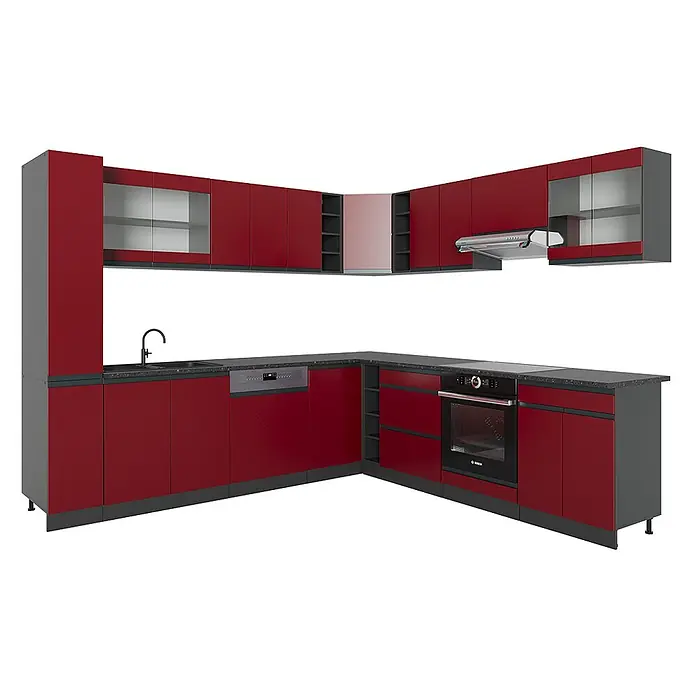 Vicco Eckküche R-Line Rot/Anthrazit J-Shape, AP Anthrazit - B x T: 277 x 60 cm, Rot, Ohne Elektrogeräte - L-förmige Küchenzeile mit roten Fronten, grauen Rahmen, schwarzer Arbeitsplatte, Spüle, Ofen, Kochfeld, Geschirrspüler und Dunstabzugshaube. Mit Glasvitrinen und offenen Regalen.