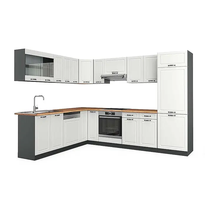 Vicco Eckküche R-Line Weiß Landhaus/Anthrazit, AP Eiche - B x T: 287 x 60 cm, Weiß Landhaus, Ohne Elektrogeräte - L-förmige Küchenzeile mit weißen Fronten, dunkelgrauen Rahmen, Holzoptik-Arbeitsplatte, Spüle, Backofen, Kochfeld, Dunstabzug und Hochschrank.