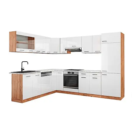 Vicco  Eckküche R-Line Weiß Hochglanz/Goldkraft Eiche, AP Marmor