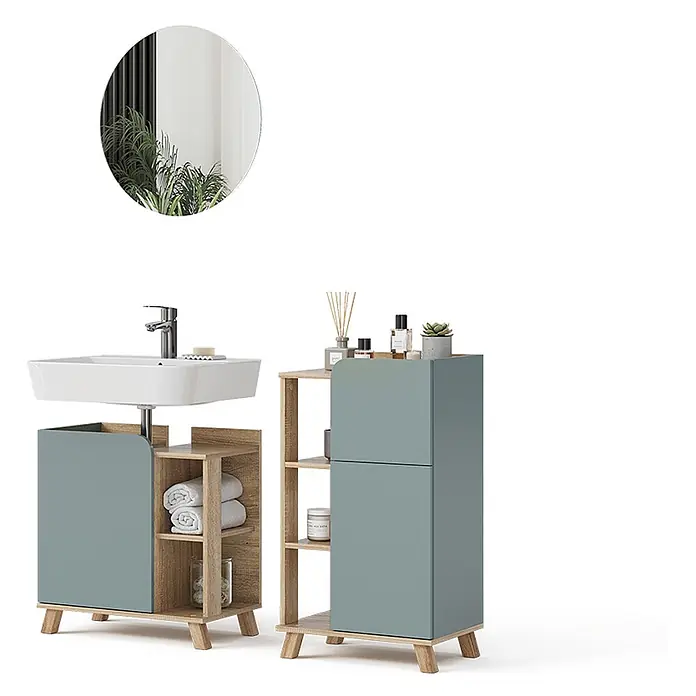 Vicco Badmöbel-Set Karen Sonoma/Blau 3 Teile, mit Midischrank - Gesamtbreite Badmöbel: 110 cm, Sonoma, Matt - Moderner Bad-Waschtischunterschrank mit Spüle und passendem Aufbewahrungsschrank, aus hellem Holz und staubgrünen Paneelen auf Holzbeinen. Ein runder Spiegel hängt darüber.