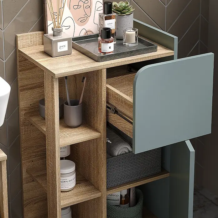 Vicco Badmöbel-Set Karen Sonoma/Blau 3 Teile, mit Midischrank - Gesamtbreite Badmöbel: 110 cm, Sonoma, Matt - Kompakter Badschrank in Holzoptik mit salbeigrüner Schublade und Tür, bietet offenen und verdeckten Stauraum.
