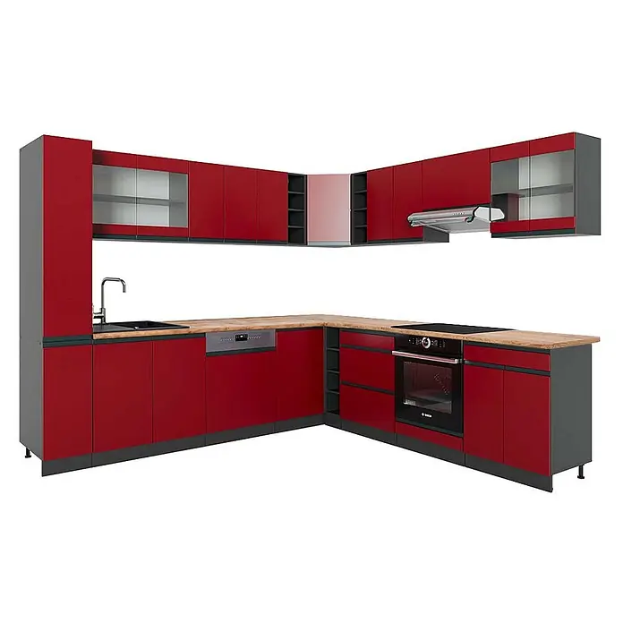 Vicco Eckküche R-Line Rot/Anthrazit J-Shape, AP Eiche - B x T: 277 x 60 cm, Rot, Ohne Elektrogeräte - L-förmige Küche mit roten Türen, grauen Rahmen, Holzarbeitsplatte, Spüle, Kochfeld, Backofen, Geschirrspüler und Dunstabzugshaube.