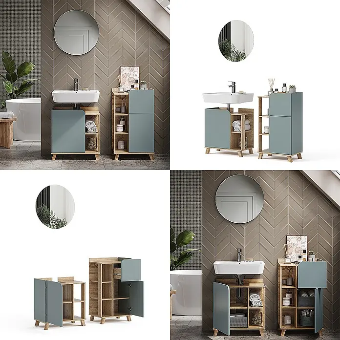 Vicco Badmöbel-Set Karen Sonoma/Blau 3 Teile, mit Midischrank - Gesamtbreite Badmöbel: 110 cm, Sonoma, Matt - Moderner Badunterschrank und passender Hochschrank mit hellblauen Paneeltüren und Naturholzregalen, in einem Badezimmer gezeigt.