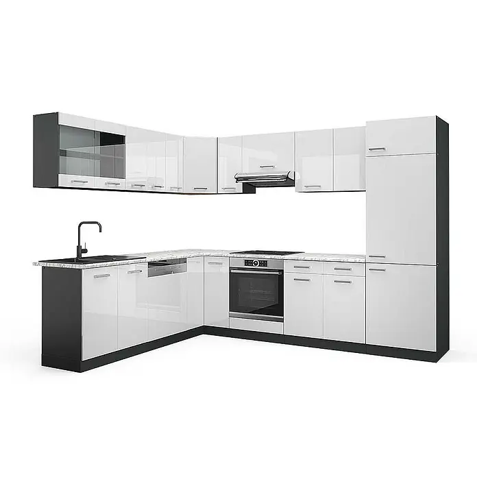 Vicco Eckküche R-Line Weiß Hochglanz/Anthrazit, AP Marmor - B x T: 287 x 60 cm, Weiß Hochglanz, Ohne Elektrogeräte - Moderne L-förmige Küche mit glänzend weißen Schränken und dunkelgrauen Elementen. Mit Spüle, integriertem Backofen, Kochfeld und Hochschrank.