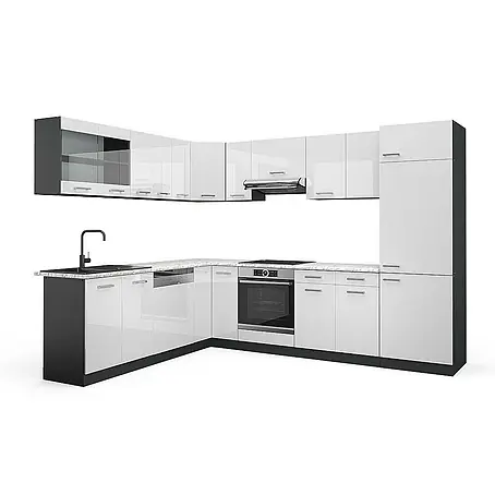 Vicco  Eckküche R-Line Weiß Hochglanz/Anthrazit, AP Marmor