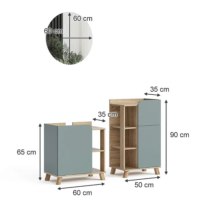 Vicco Badmöbel-Set Karen Sonoma/Blau 3 Teile, mit Midischrank - Gesamtbreite Badmöbel: 110 cm, Sonoma, Matt - Zwei Holz- und graublaue Aufbewahrungseinheiten: ein 60x65cm Schrank und ein 50x90cm Regal. Ein runder 60cm Spiegel ist ebenfalls abgebildet.