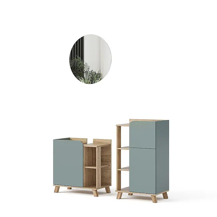 Vicco Badmöbel-Set Karen Sonoma/Blau 3 Teile, mit Midischrank - Gesamtbreite Badmöbel: 110 cm, Sonoma, Matt - Zwei modulare Holz- und Türkis-Grau-Schränke mit offenen und geschlossenen Fächern und einem runden Spiegel.