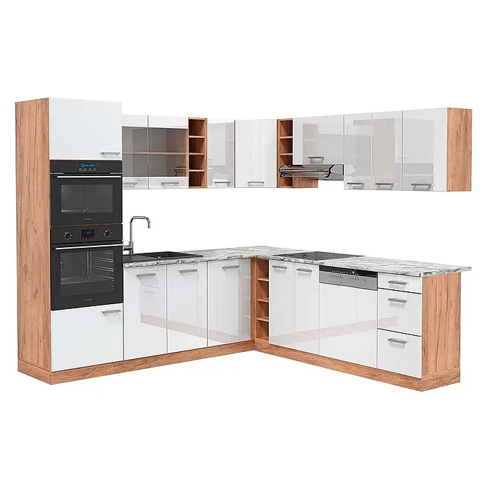 Vicco Eckküche R-Line Weiß Hochglanz/Goldkraft Eiche, AP Marmor - B x T: 247 x 60 cm, Weiß Hochglanz, Ohne Elektrogeräte - L-förmige Küche mit hochglanzweißen Schränken, Holzakzenten, Marmoroptik-Arbeitsplatte und integrierten Öfen, Kochfeld, Spüle, Geschirrspüler.