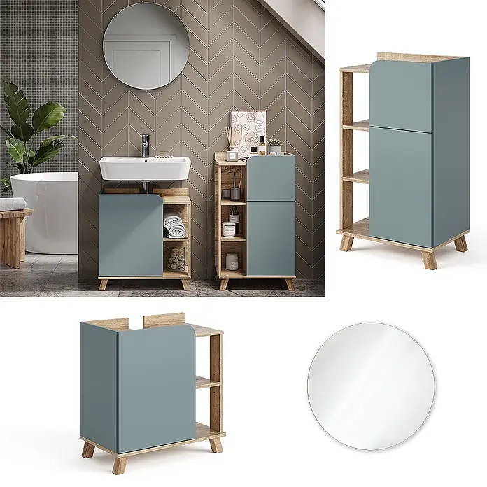 Vicco Badmöbel-Set Karen Sonoma/Blau 3 Teile, mit Midischrank - Gesamtbreite Badmöbel: 110 cm, Sonoma, Matt - Modernes Badezimmermöbel-Set aus hellem Holz und blau-grauen Platten, bestehend aus Waschtischunterschrank, Schrank und Spiegel.