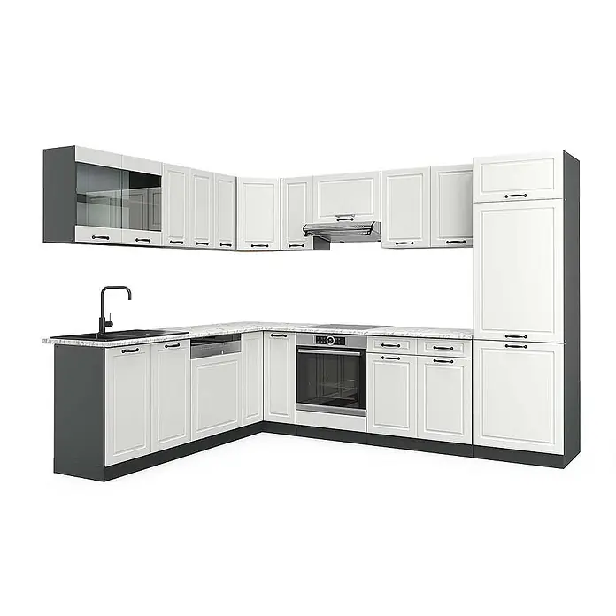 Vicco Eckküche R-Line Weiß Landhaus/Anthrazit, AP Marmor - B x T: 287 x 60 cm, Weiß Landhaus, Ohne Elektrogeräte - L-förmige Küche mit weißen Fronten, dunkelgrauem Korpus, marmorierter Arbeitsplatte, schwarzer Spüle und integrierten Geräten.