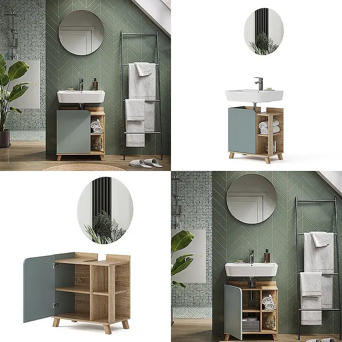 Vicco Badmöbel-Set Karen Sonoma/Blau 2 Teile - Gesamtbreite Badmöbel: 60 cm, Sonoma, Matt - Kompakter Badezimmerschrank mit hellem Holzrahmen, salbeigrüner Tür und integriertem Waschbecken. Bietet offene und geschlossene Ablageflächen.