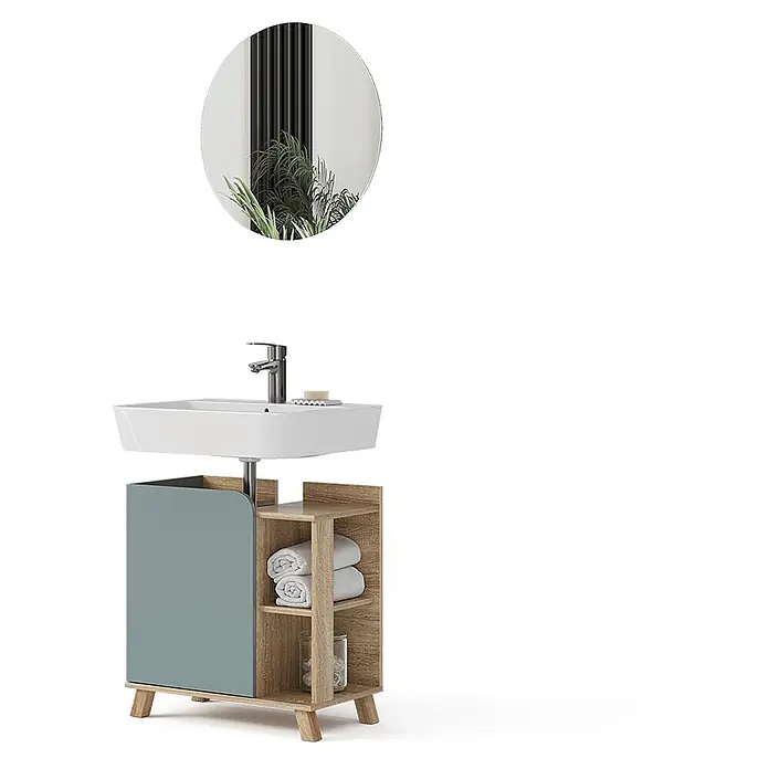 Vicco Badmöbel-Set Karen Sonoma/Blau 2 Teile - Gesamtbreite Badmöbel: 60 cm, Sonoma, Matt - Moderner Badunterschrank mit weißem Waschbecken, Chromarmatur, hellem Holzschrank mit tealfarbener Platte und Rundspiegel. Offene Ablagen inklusive.