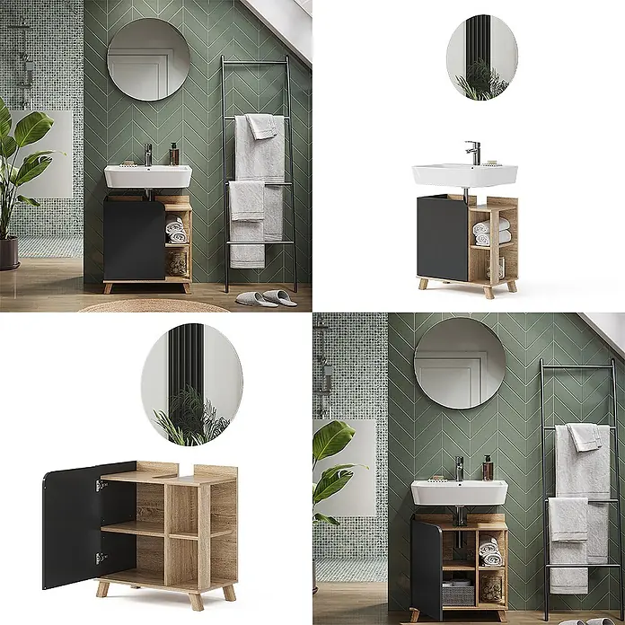 Vicco Badmöbel-Set Karen, Sonoma/Anthrazit 60 cm -  - Kompakter Badunterschrank mit integriertem Waschbecken, schwarzer Tür und offenen Holzablagen.