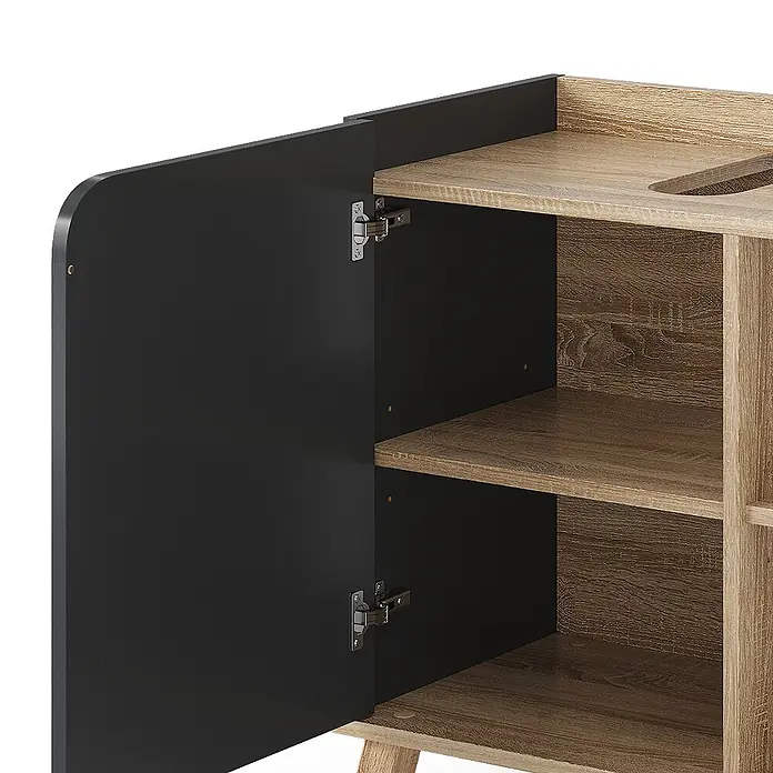 Vicco Badmöbel-Set Karen, Sonoma/Anthrazit 60 cm -  - Offener Schrank mit schwarzer Tür und hellen Holzregalen, Scharniere sichtbar.