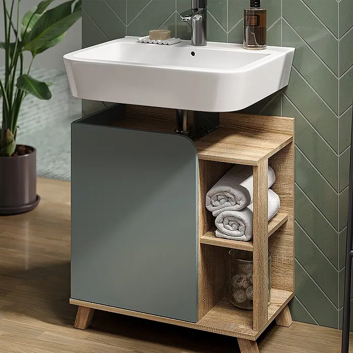 Vicco Badmöbel-Set Karen Sonoma/Blau 2 Teile - Gesamtbreite Badmöbel: 60 cm, Sonoma, Matt - Moderner Badunterschrank mit weißem Keramikwaschbecken, hellholzfarbenem Schrank, graugrüner Front und offenen Ablagen.