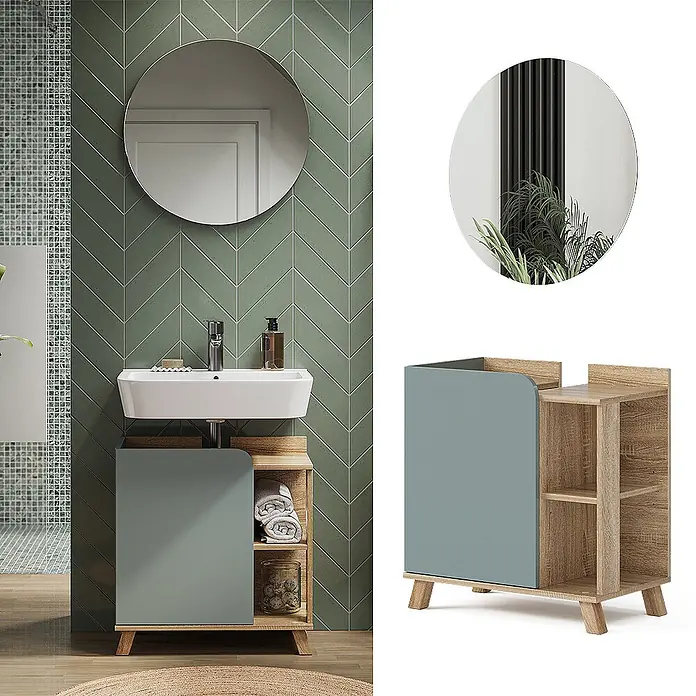 Vicco Badmöbel-Set Karen Sonoma/Blau 2 Teile - Gesamtbreite Badmöbel: 60 cm, Sonoma, Matt - Moderner Waschtischunterschrank: helles Holz mit blaugrauer Tür und offenen Regalen. Mit Waschbecken gezeigt.