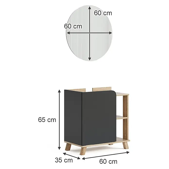 Vicco Badmöbel-Set Karen, Sonoma/Anthrazit 60 cm -  - Runder Spiegel (60 cm Durchmesser) und ein dunkelgrauer Schrank mit hellen Holzbeinen/Regalen (65x60x35 cm).