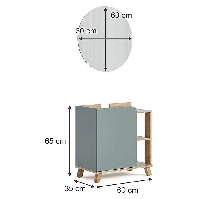 Vicco Badmöbel-Set Karen Sonoma/Blau 2 Teile - Gesamtbreite Badmöbel: 60 cm, Sonoma, Matt - Runder Spiegel (60 cm) und moderner Waschtischunterschrank (65x60x35 cm) in hellem Holz und Grau-Grün, mit Ablagen.
