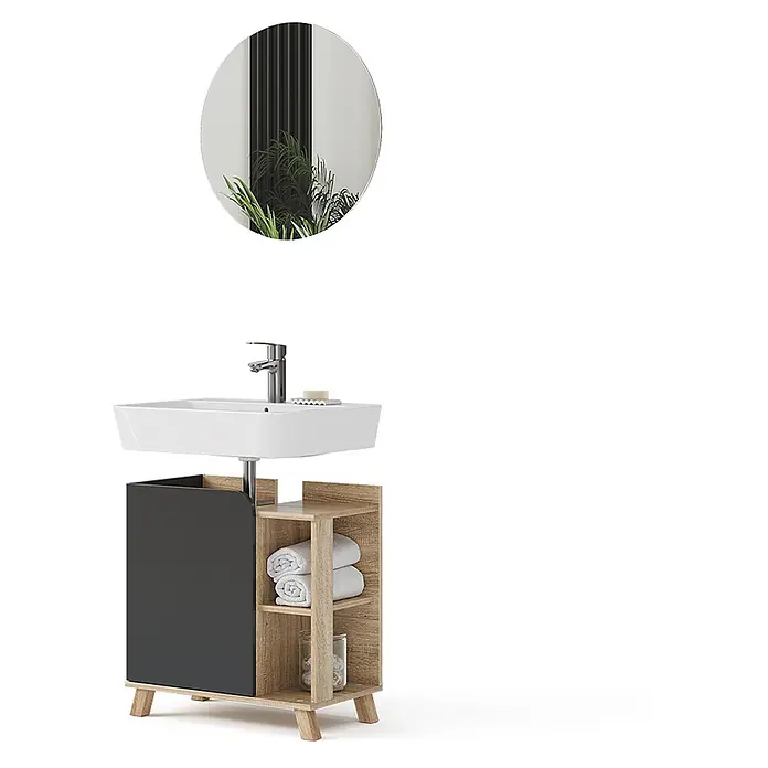 Vicco Badmöbel-Set Karen, Sonoma/Anthrazit 60 cm -  - Moderner Badunterschrank mit weißem Waschbecken, schwarzem Schrank, hellen Holzregalen und rundem Spiegel.
