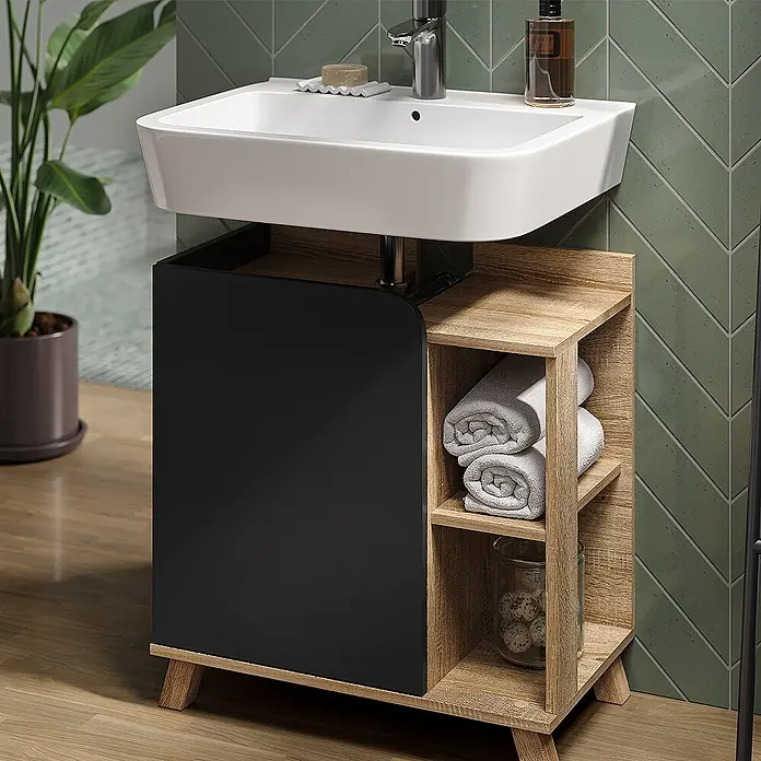 Vicco Badmöbel-Set Karen, Sonoma/Anthrazit 60 cm -  - Moderne Waschtischunterschrank mit weißem Waschbecken, schwarzer Tür und hellen Holzregalen.