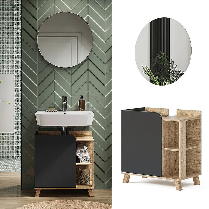 Vicco Badmöbel-Set Karen, Sonoma/Anthrazit 60 cm -  - Schwarzer und hölzerner Badezimmer-Waschtischunterschrank mit offenen Regalen, mit Waschbecken im Bad.