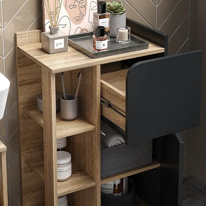 Vicco Badmöbel-Set Karen Sonoma/Anthrazit 3 Teile, mit Midischrank - Gesamtbreite Badmöbel: 110 cm, Sonoma, Matt - Badezimmerschrank in heller Holzoptik mit schwarzen Akzenten, mit offenen Regalen, Schublade und Schrank für Toilettenartikel.