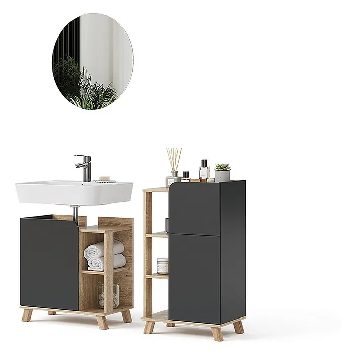 Vicco Badmöbel-Set Karen Sonoma/Anthrazit 3 Teile, mit Midischrank - Gesamtbreite Badmöbel: 110 cm, Sonoma, Matt - Modernes Badmöbel-Set mit rundem Spiegel, weißem Waschbecken, Chromarmatur, dunkelgrauen und Holzschränken, offenen Regalen und passendem Hochschrank.