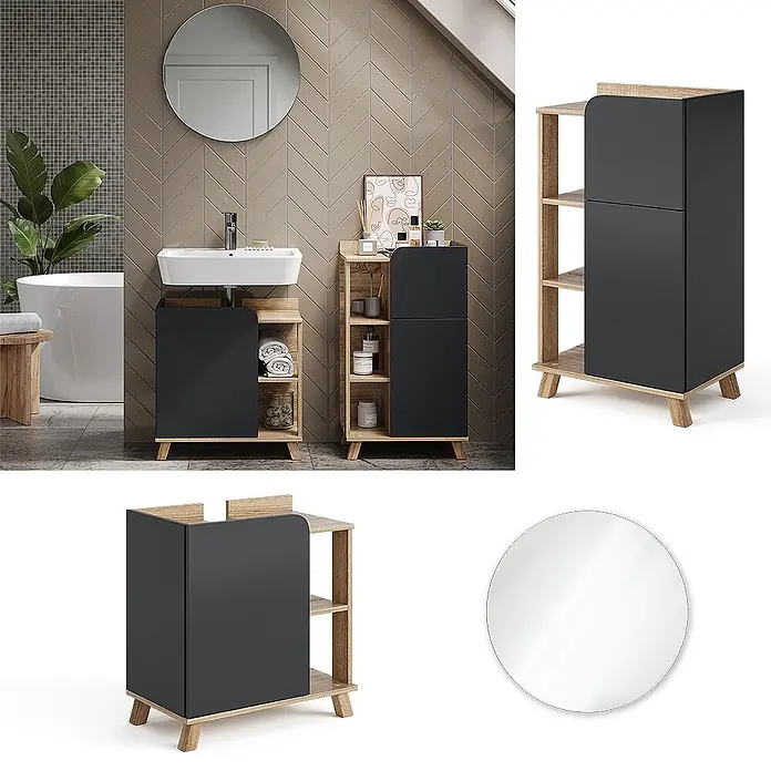 Vicco Badmöbel-Set Karen Sonoma/Anthrazit 3 Teile, mit Midischrank - Gesamtbreite Badmöbel: 110 cm, Sonoma, Matt - Modernes Badmöbel-Set mit schwarzen Schränken, hellen Holzrahmen und einem Rundspiegel. Enthält Waschtisch mit Waschbecken und Hochschrank.