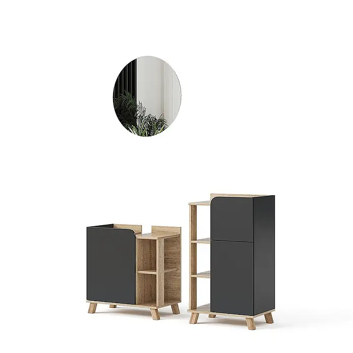 Vicco Badmöbel-Set Karen Sonoma/Anthrazit 3 Teile, mit Midischrank - Gesamtbreite Badmöbel: 110 cm, Sonoma, Matt - Zwei moduläre Aufbewahrungseinheiten in Dunkelgrau und hellem Holz, mit einem runden Spiegel.