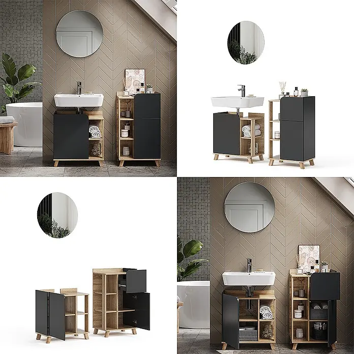 Vicco Badmöbel-Set Karen Sonoma/Anthrazit 3 Teile, mit Midischrank - Gesamtbreite Badmöbel: 110 cm, Sonoma, Matt - Schwarzer und holzfarbener Badunterschrank mit weißem Waschbecken und passendem Hochschrank, in einem modernen Bad.