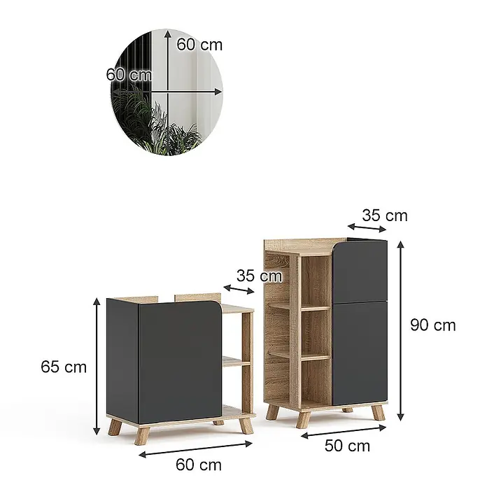 Vicco Badmöbel-Set Karen Sonoma/Anthrazit 3 Teile, mit Midischrank - Gesamtbreite Badmöbel: 110 cm, Sonoma, Matt - Zwei moderne Aufbewahrungsschränke in heller Holzoptik und Dunkelgrau mit Ablagen, geschlossenen Fächern und rundem 60-cm-Spiegel.
