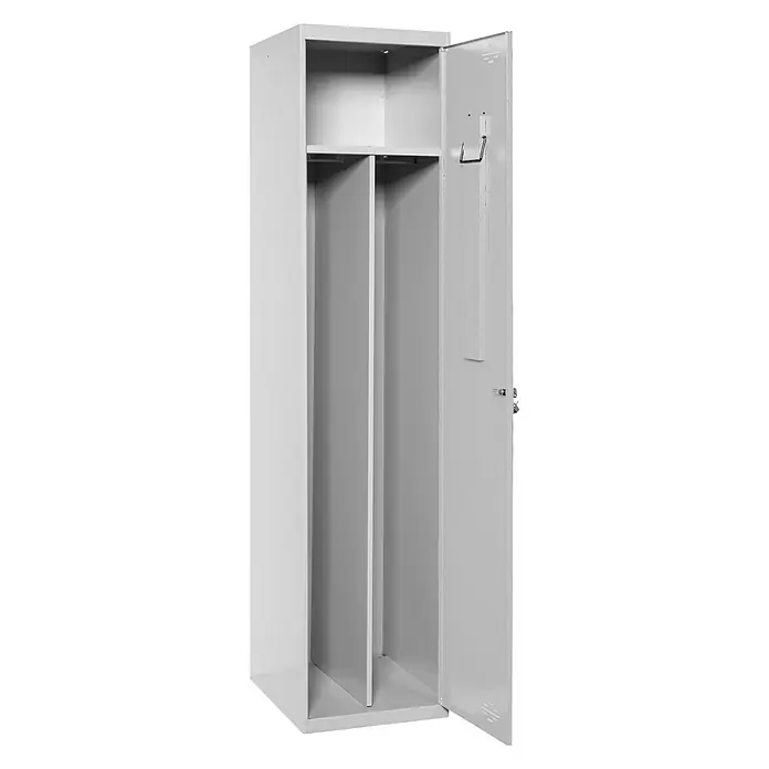 Simonrack Simonlocker Taquilla Prof. Single-Divider - L x An x Al: 50 x 50 x 180 cm, Número de puertas: 1 ud., Gris/Gris - Imagen de un armario metálico gris con puerta abierta, que incluye estantes y un gancho para guardar ropa.