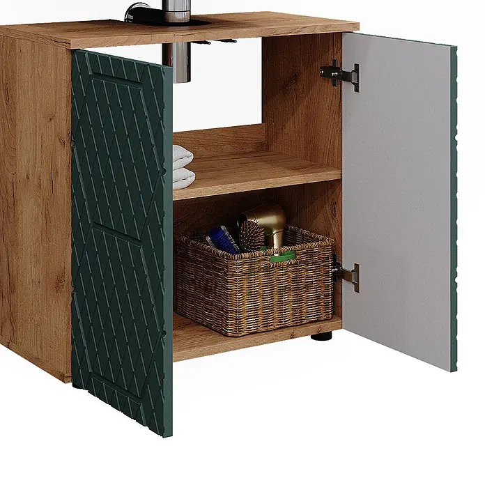 Vicco Badmöbel-Set Irma Grün/Goldkraft Eiche 2 Teile, Unterschrank 60 cm - Gesamtbreite Badmöbel: 60 cm, Grün, Matt - Hölzerner Badezimmerunterschrank mit zwei Türen, eine dunkelgrün gemustert, die andere hellgrau, zeigt Innenregale und Aufbewahrungskorb.
