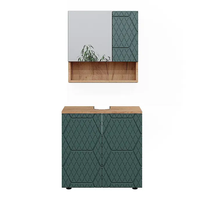 Vicco Badmöbel-Set Irma Grün/Goldkraft Eiche 2 Teile, Unterschrank 60 cm - Gesamtbreite Badmöbel: 60 cm, Grün, Matt - Tiefblaugrünes Badmöbel-Set mit Rautenmuster-Schränken und Holzoptik-Oberflächen. Beinhaltet Spiegelschrank und Unterschrank.