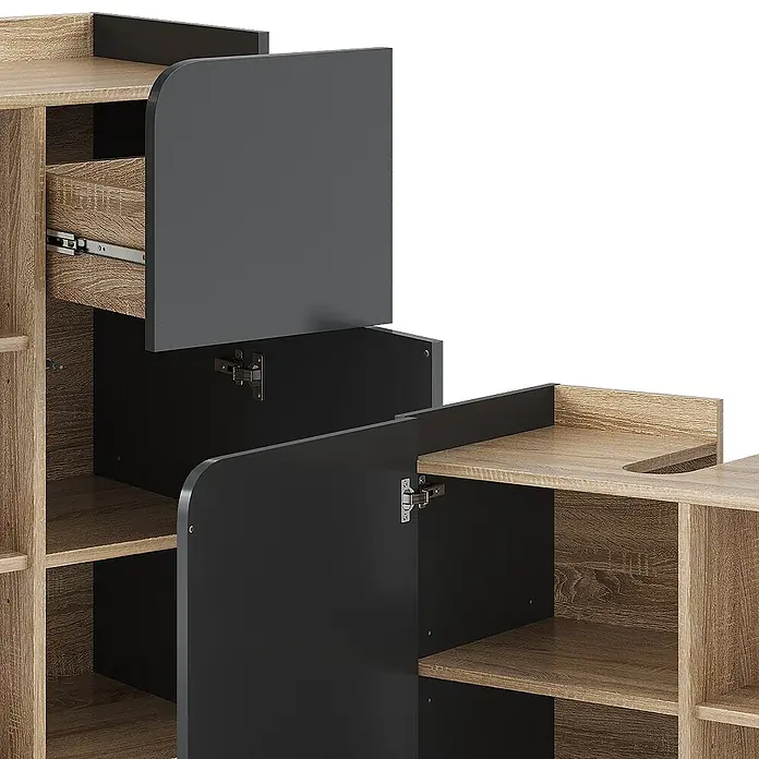 Vicco Badmöbel-Set Karen Sonoma/Anthrazit 3 Teile, mit Midischrank - Gesamtbreite Badmöbel: 110 cm, Sonoma, Matt - Nahaufnahme eines modularen Stauraummöbels mit hellen Holzregalen, dunkelgrauen Türen und Paneelen, sowie einer offenen Schublade.