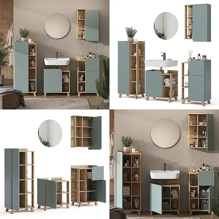 Vicco Badmöbel-Set Karen Sonoma/Blau 5 Teile - Gesamtbreite Badmöbel: 160 cm, Sonoma, Matt - Modernes Badmöbelset in hellem Holz und Hellblaugrün, bestehend aus Waschtischunterschrank, Hochschrank und Ablageschrank.