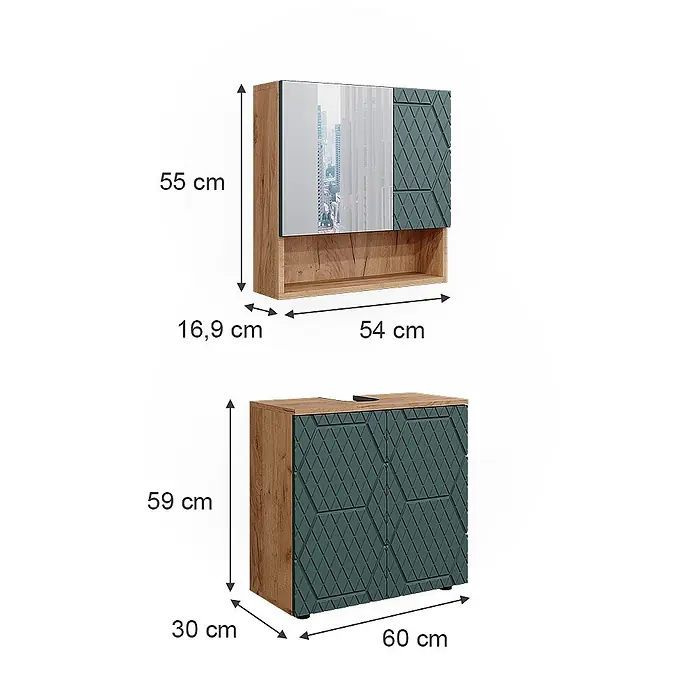 Vicco Badmöbel-Set Irma Grün/Goldkraft Eiche 2 Teile, Unterschrank 60 cm - Gesamtbreite Badmöbel: 60 cm, Grün, Matt - Zwei moderne Badschränke: einer wandmontiert mit Spiegel, einer stehend. Beide mit Holzoptik und gemusterten dunkelgrünen Fronten.