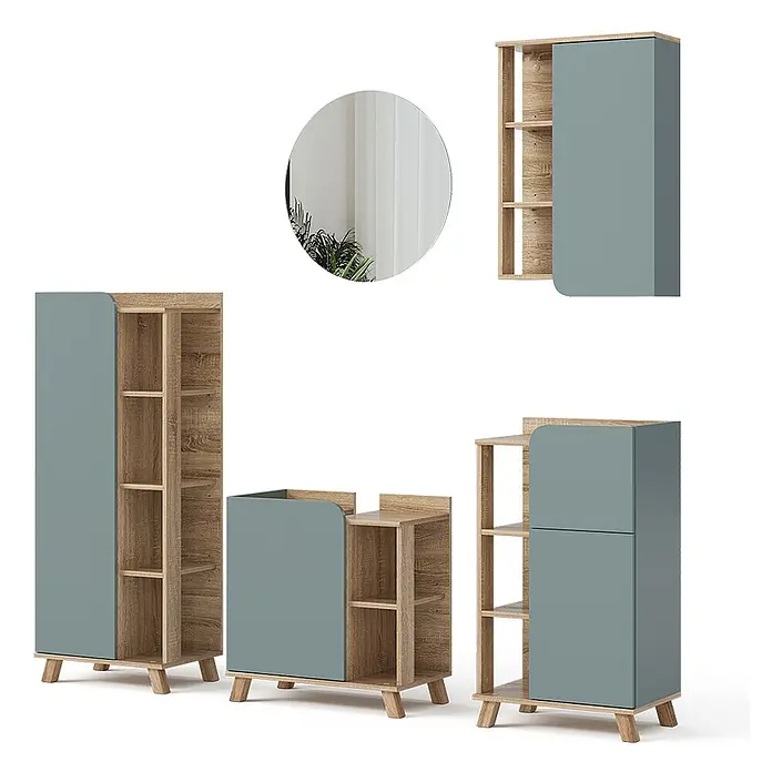 Vicco Badmöbel-Set Karen Sonoma/Blau 5 Teile - Gesamtbreite Badmöbel: 160 cm, Sonoma, Matt - Modulares Möbelset mit hellen Holzregalen und blaugrauen Schränken, inklusive Wandspiegel.