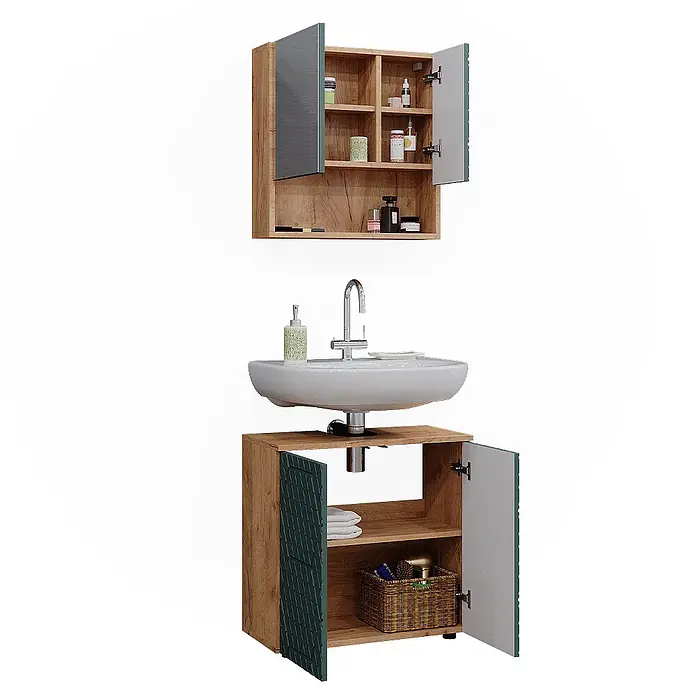 Vicco Badmöbel-Set Irma Grün/Goldkraft Eiche 2 Teile, Unterschrank 60 cm - Gesamtbreite Badmöbel: 60 cm, Grün, Matt - Badmöbelset Eichenoptik mit dunkelgrünen Türen, Spiegelschrank, Keramikwaschbecken und offenem/geschlossenem Stauraum.