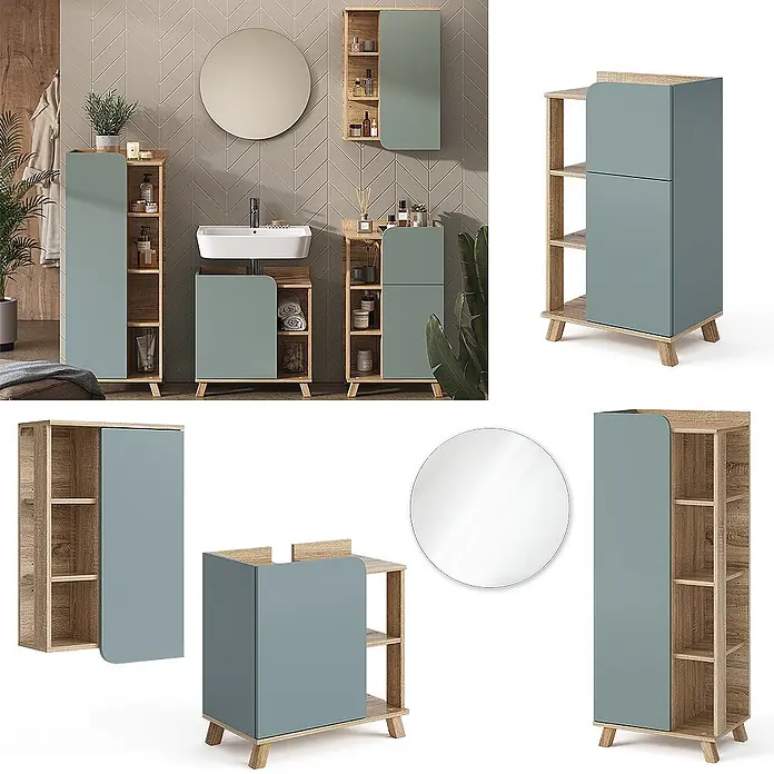 Vicco Badmöbel-Set Karen Sonoma/Blau 5 Teile - Gesamtbreite Badmöbel: 160 cm, Sonoma, Matt - Modernes Badmöbelset: Waschtisch-, Hoch-, Wandschrank aus hellem Holz und Salbeigrün, dazu ein runder Spiegel in einem stilvollen Bad.